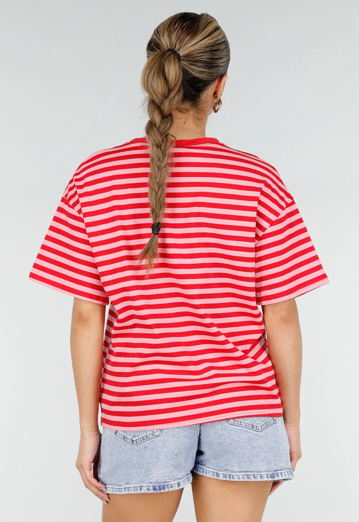 Rood Roze Gestreept T-shirt met Korte Mouwen en Ronde Hals