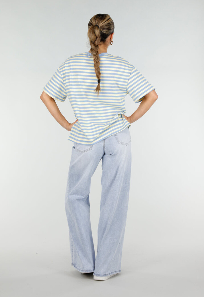 Geel Blauw Gestreept T-shirt met Korte Mouwen en Ronde Hals