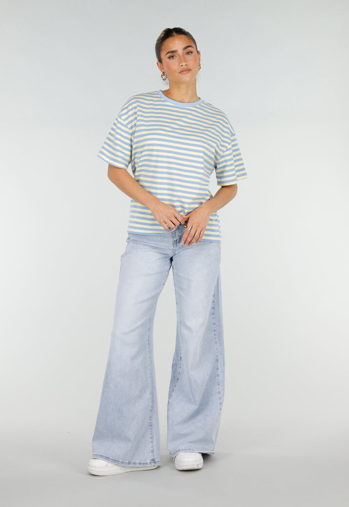 Geel Blauw Gestreept T-shirt met Korte Mouwen en Ronde Hals