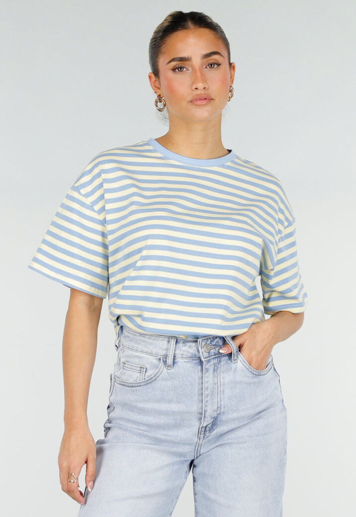 Geel Blauw Gestreept T-shirt met Korte Mouwen en Ronde Hals