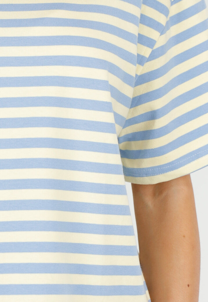 Geel Blauw Gestreept T-shirt met Korte Mouwen en Ronde Hals