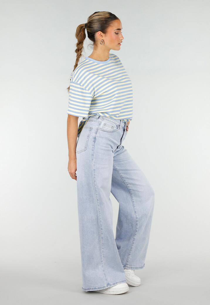 Geel Blauw Gestreept T-shirt met Korte Mouwen en Ronde Hals