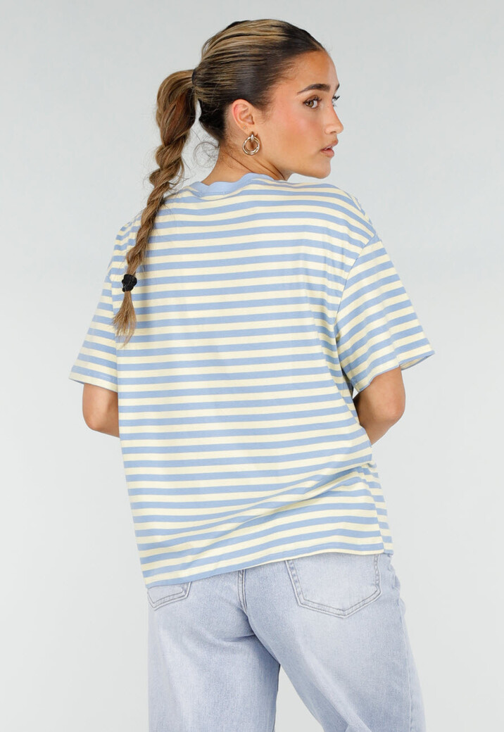 Geel Blauw Gestreept T-shirt met Korte Mouwen en Ronde Hals