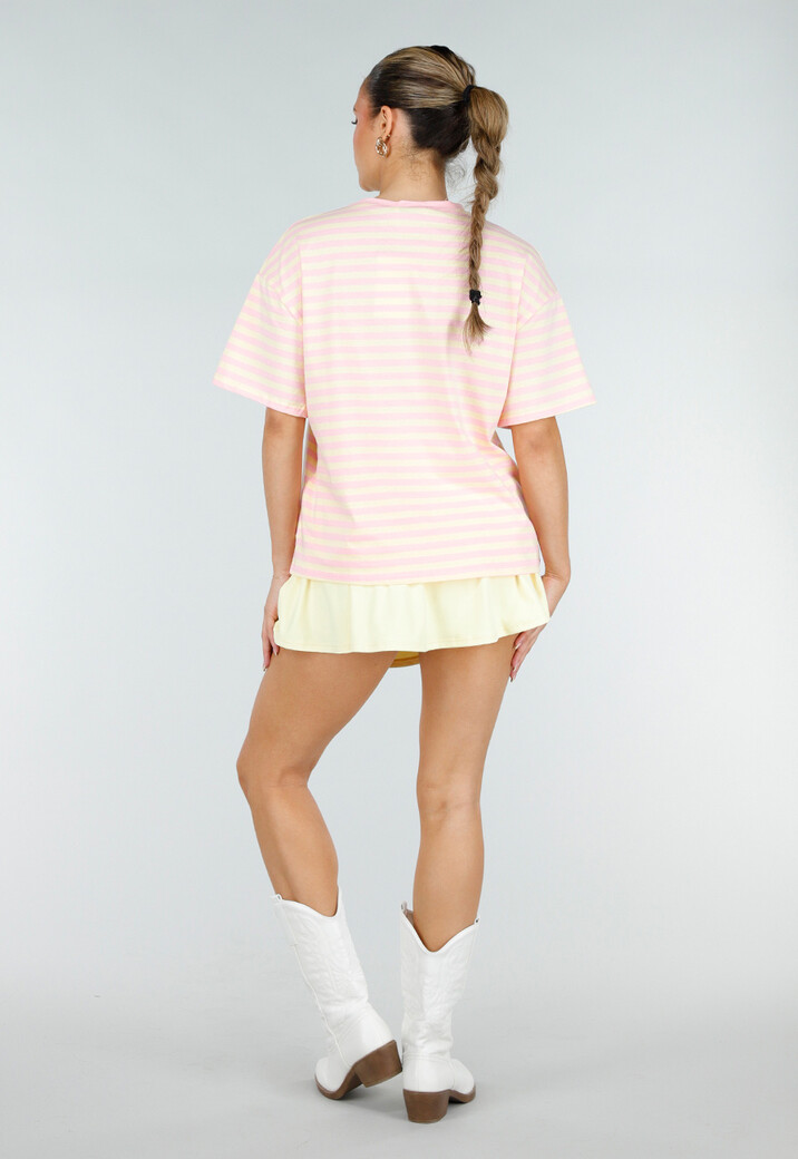 Roze en Geel Gestreept Oversized T-shirt met Korte Mouwen
