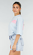 Lichtblauw T-shirt met Roze Print en Korte Mouwen en Ronde Hals