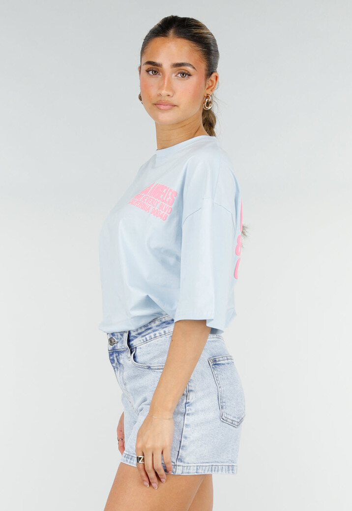 Lichtblauw T-shirt met Roze Print en Korte Mouwen en Ronde Hals