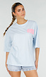 Lichtblauw T-shirt met Roze Print en Korte Mouwen en Ronde Hals