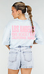 Lichtblauw T-shirt met Roze Print en Korte Mouwen en Ronde Hals
