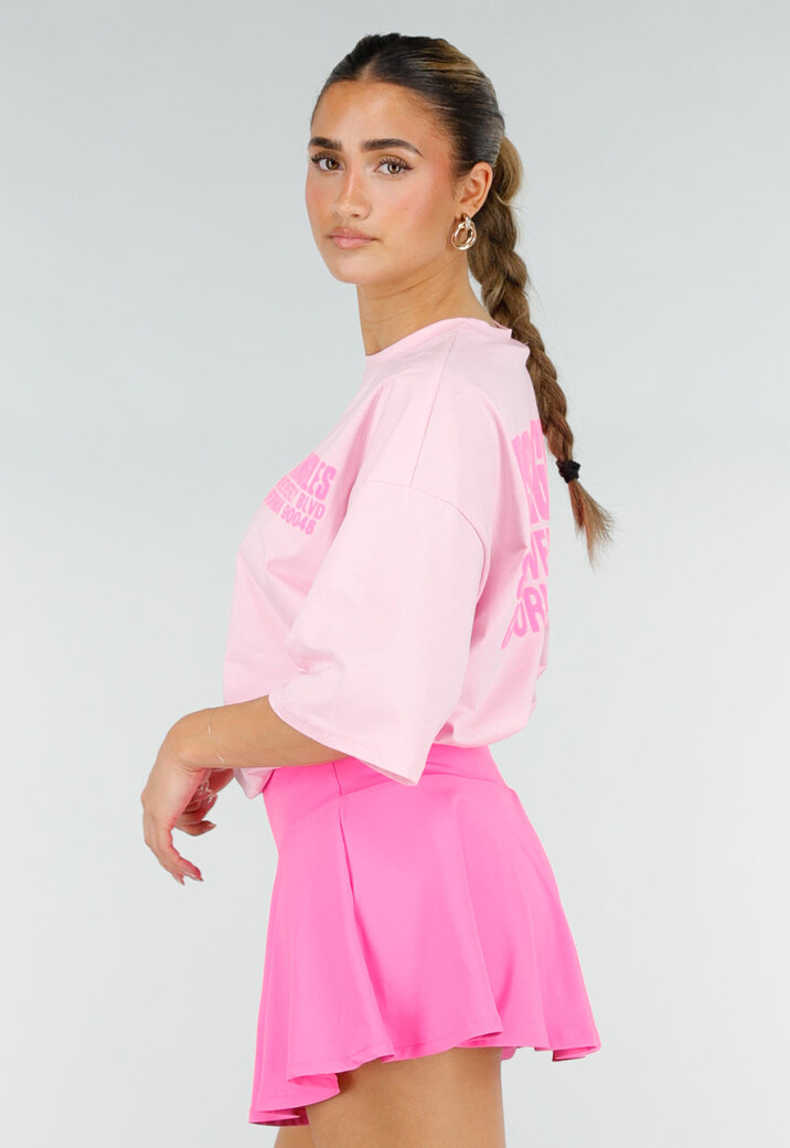 Roze Oversized T-shirt met Tekstprint en Korte Mouwen