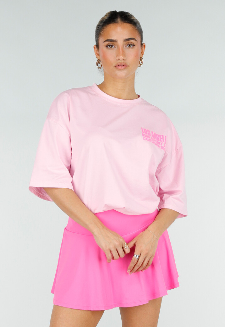 Roze Oversized T-shirt met Tekstprint en Korte Mouwen