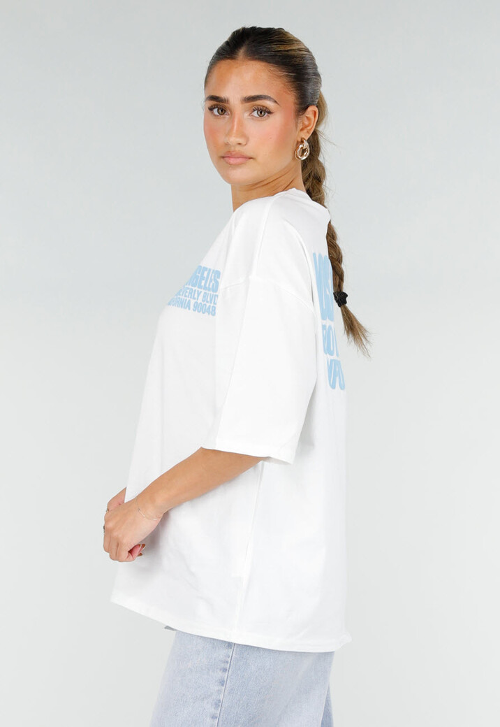 Wit T-shirt met Blauwe Backprint, Ronde Hals en Korte Mouwen