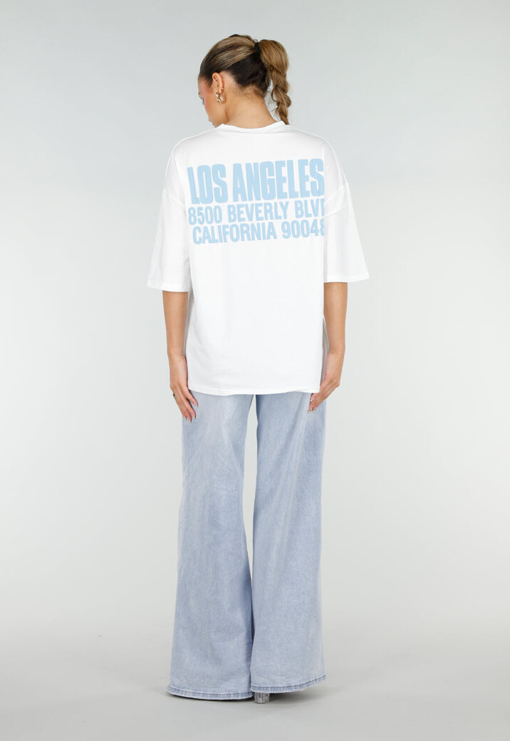 Wit T-shirt met Blauwe Backprint, Ronde Hals en Korte Mouwen