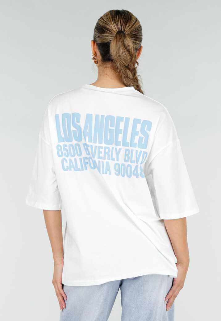 Wit T-shirt met Blauwe Backprint, Ronde Hals en Korte Mouwen