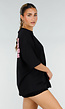 Zwart Oversized T-shirt met Roze Tekst en Korte Mouwen