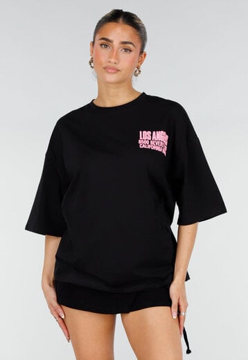 Zwart Oversized T-shirt met Roze Tekst
