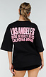 Zwart Oversized T-shirt met Roze Tekst en Korte Mouwen