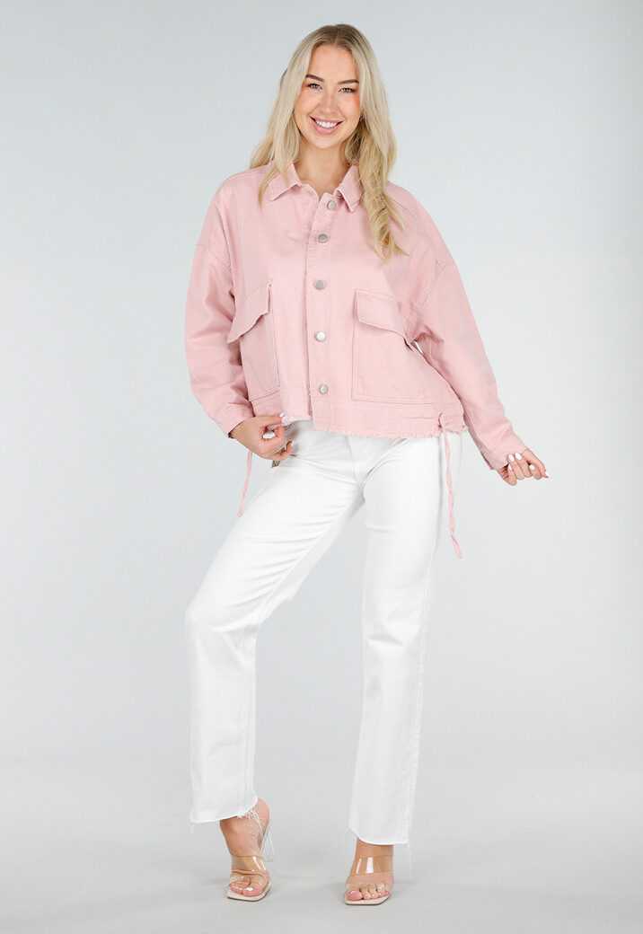 Roze Denim Jas met Klepzakken en Trekkoord