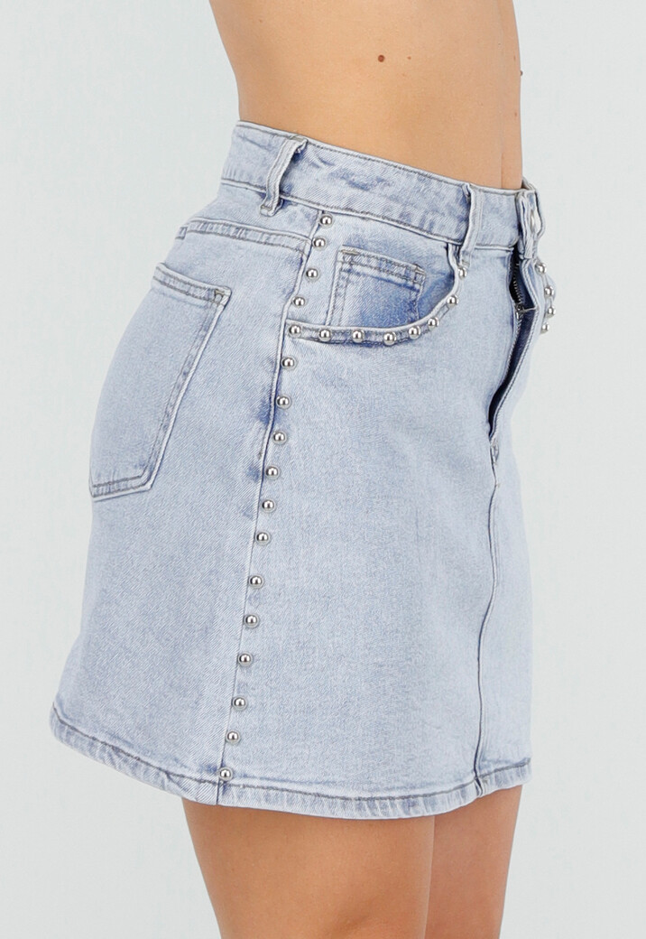 Lichtblauwe Denim Rok met Studs en Rechte Pasvorm en Steekzakken