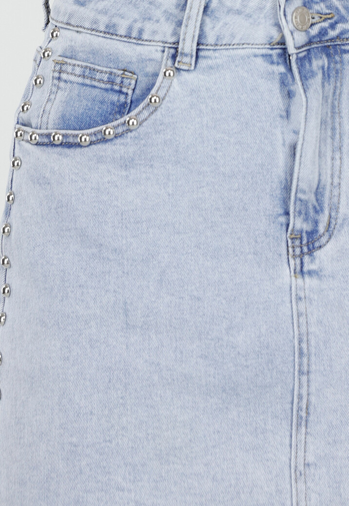 Lichtblauwe Denim Rok met Studs en Rechte Pasvorm en Steekzakken