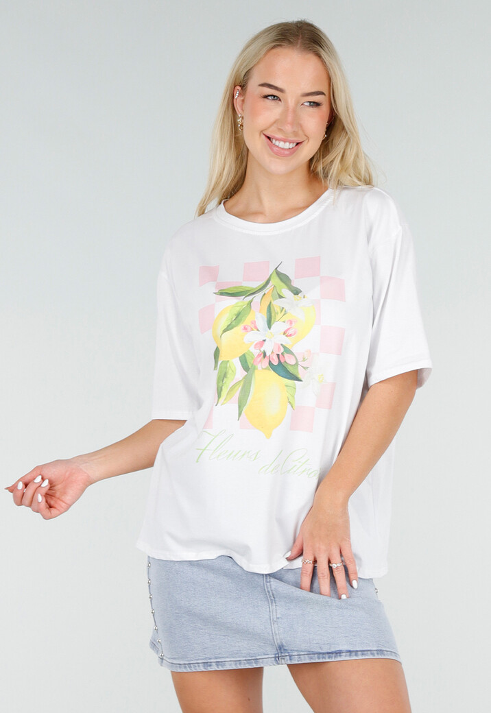 Wit Katoenen T-shirt met Citroen Print en Korte Mouwen