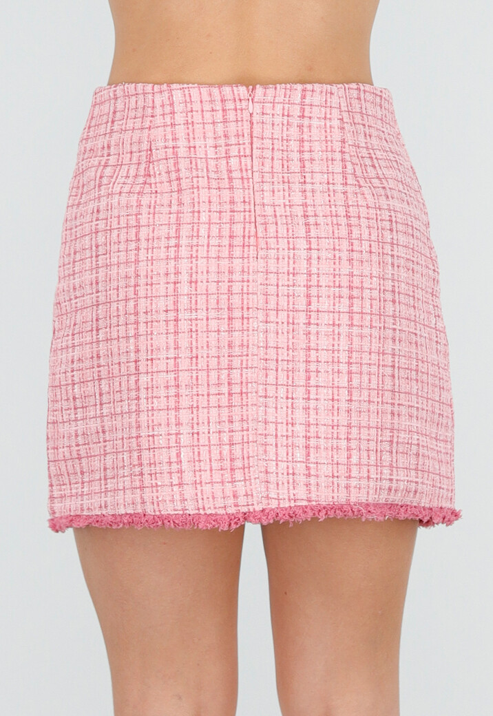 Roze Tweed Mini Rok met Rafelrand en Gouden Knopen