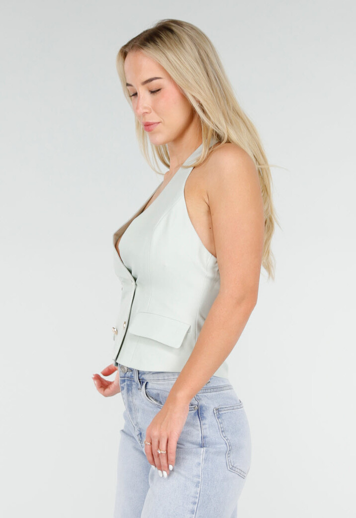 Mintgroene Gilet Top met Open Rug en Gouden Knopen