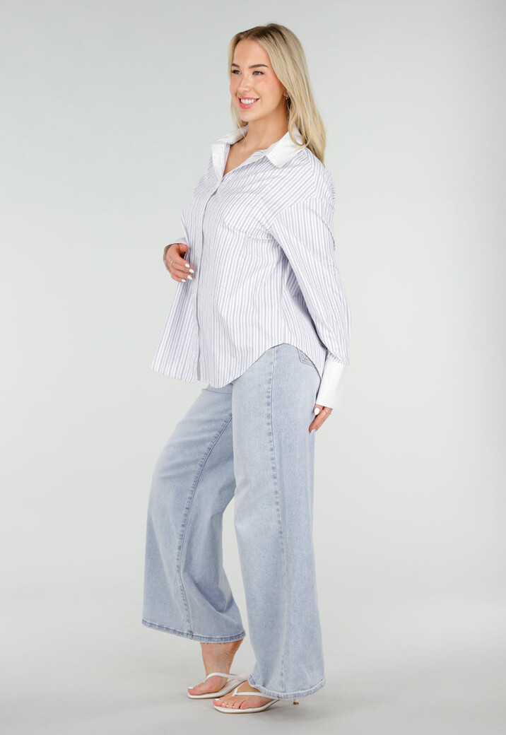 Wit Gestreepte Blouse met Strass Steentjes en Lange Mouwen
