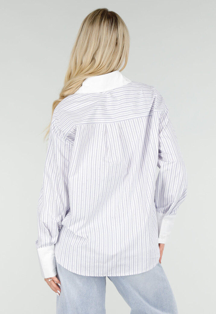 Wit Gestreepte Blouse met Strass Steentjes en Lange Mouwen
