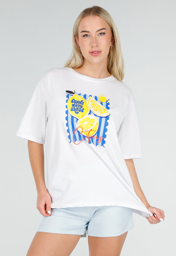 Wit Katoenen T-shirt met Citrus Print en Korte Mouwen