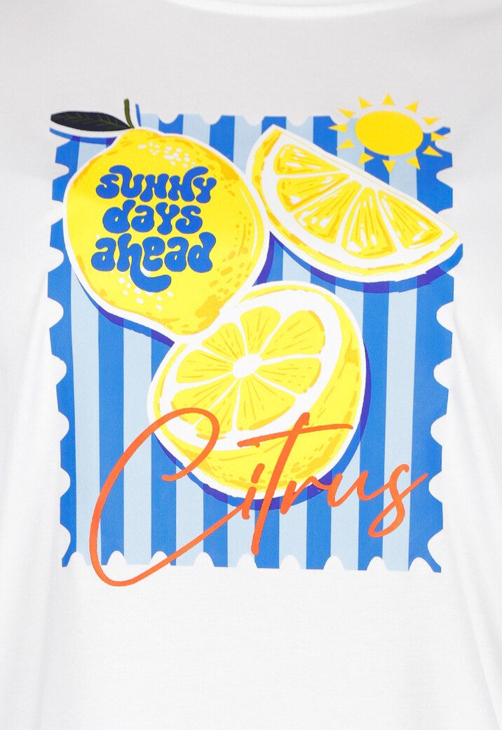 Wit Katoenen T-shirt met Citrus Print en Korte Mouwen