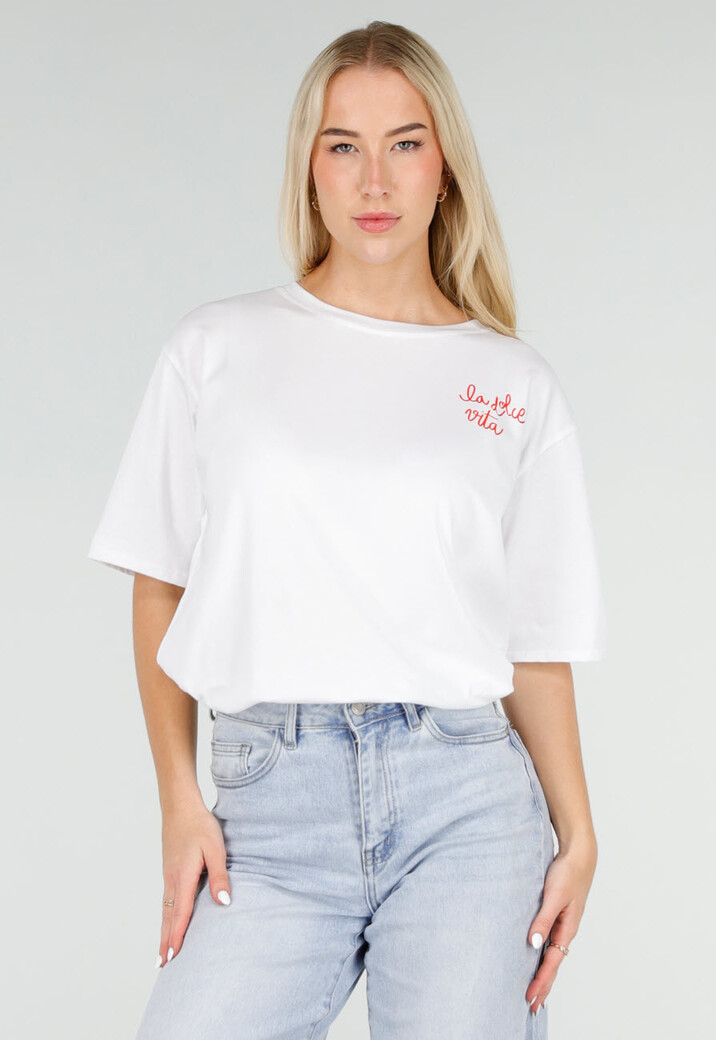 Wit Katoenen T-shirt met La Dolce Vita Print en Korte Mouwen