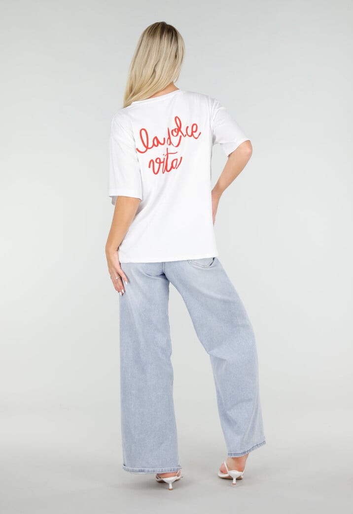 Wit Katoenen T-shirt met La Dolce Vita Print en Korte Mouwen