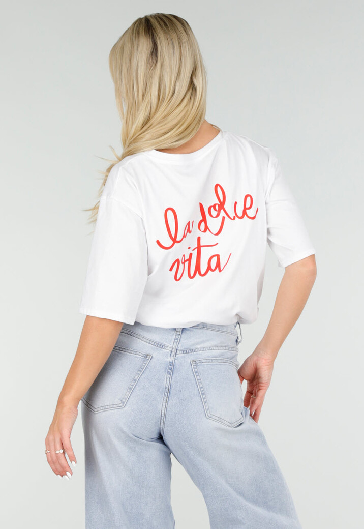 Wit Katoenen T-shirt met La Dolce Vita Print en Korte Mouwen