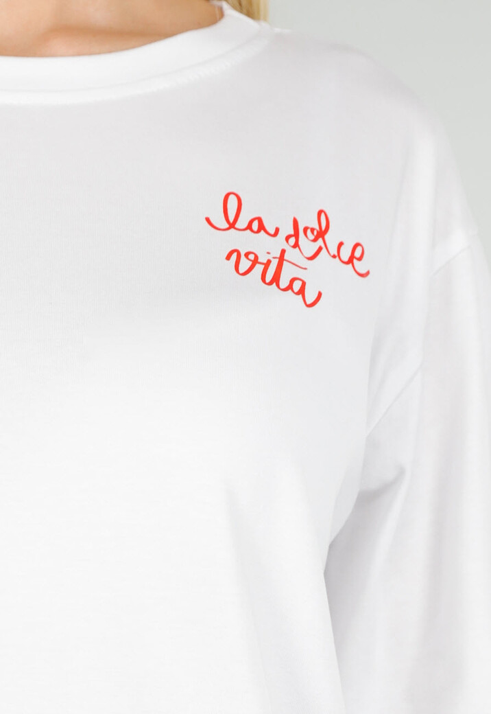 Wit Katoenen T-shirt met La Dolce Vita Print en Korte Mouwen