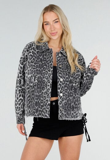 Grijze Luipaardprint Denim Jas