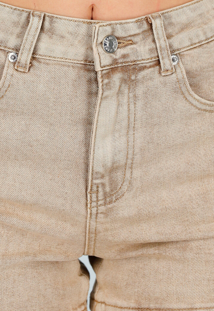 Beige Denim Short met Lichte Stretch en Steekzakken