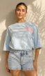 Lichtblauw T-shirt met Roze Print en Korte Mouwen en Ronde Hals