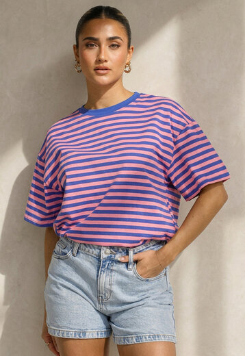 Blauw Roze Gestreept T-shirt