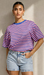 Blauw Roze Gestreept T-shirt met Korte Mouwen en Ronde Hals