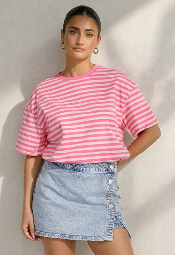 Roze Gestreept T-shirt met Korte Mouwen