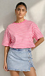 Roze Gestreept T-shirt met Korte Mouwen en Ronde Hals