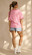 Roze Gestreept T-shirt met Korte Mouwen en Ronde Hals
