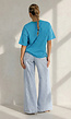 Blauw Groene Gestreepte T-shirt met Ronde Hals en Korte Mouwen