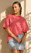 Rood Roze Gestreept T-shirt met Korte Mouwen en Ronde Hals