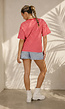 Rood Roze Gestreept T-shirt met Korte Mouwen en Ronde Hals