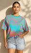 Roze Turquoise Gestreept T-shirt met Korte Mouwen en Ronde Hals