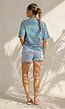 Roze Turquoise Gestreept T-shirt met Korte Mouwen en Ronde Hals
