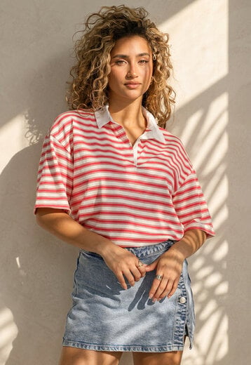 Roze Gestreepte Polo T-shirt met Kraag