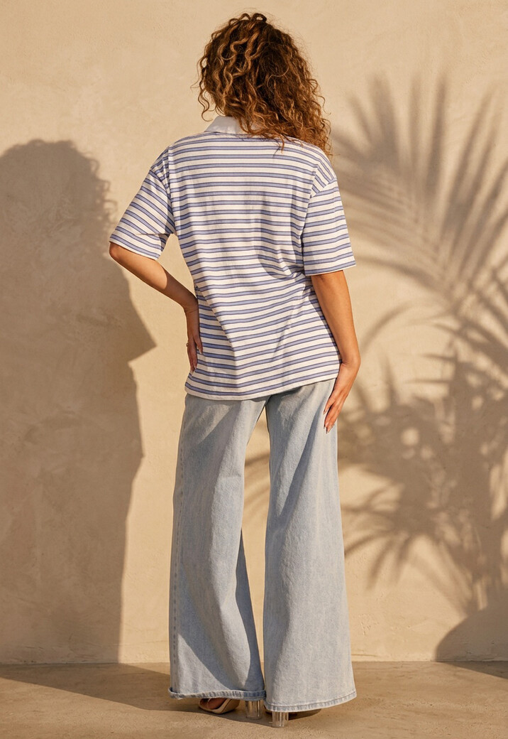 Wit Blauwe Gestreepte Polo Top met Kraag en Korte Mouwen