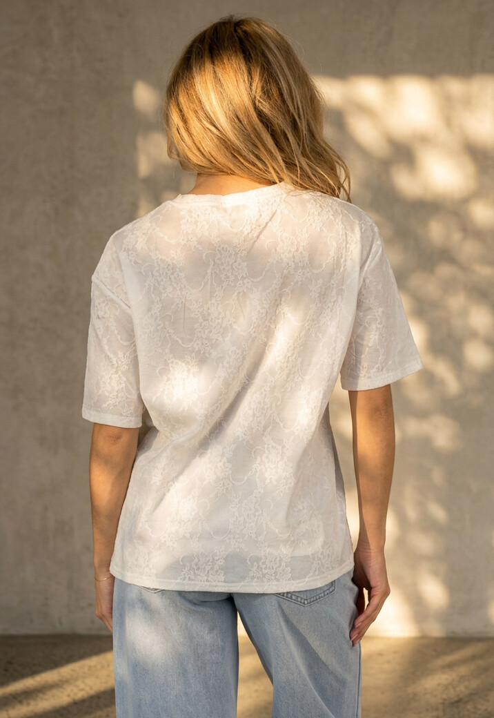 Wit Kanten T-shirt met Korte Mouwen en Ronde Hals